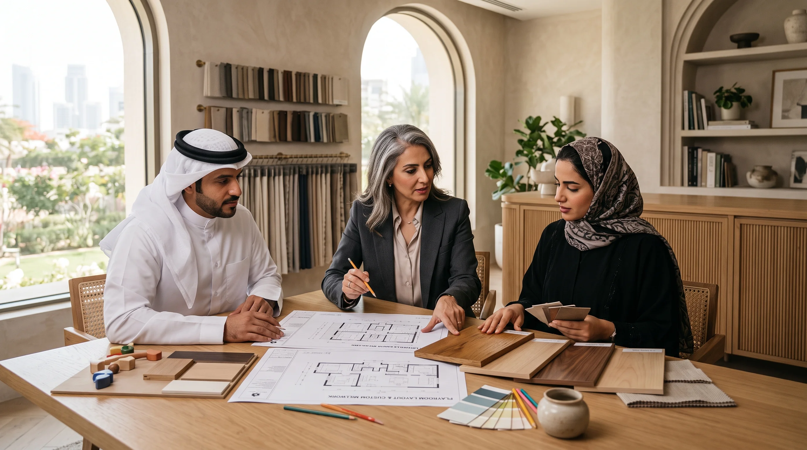 Interior designer reviewing 3D playroom layout with family in Qatar