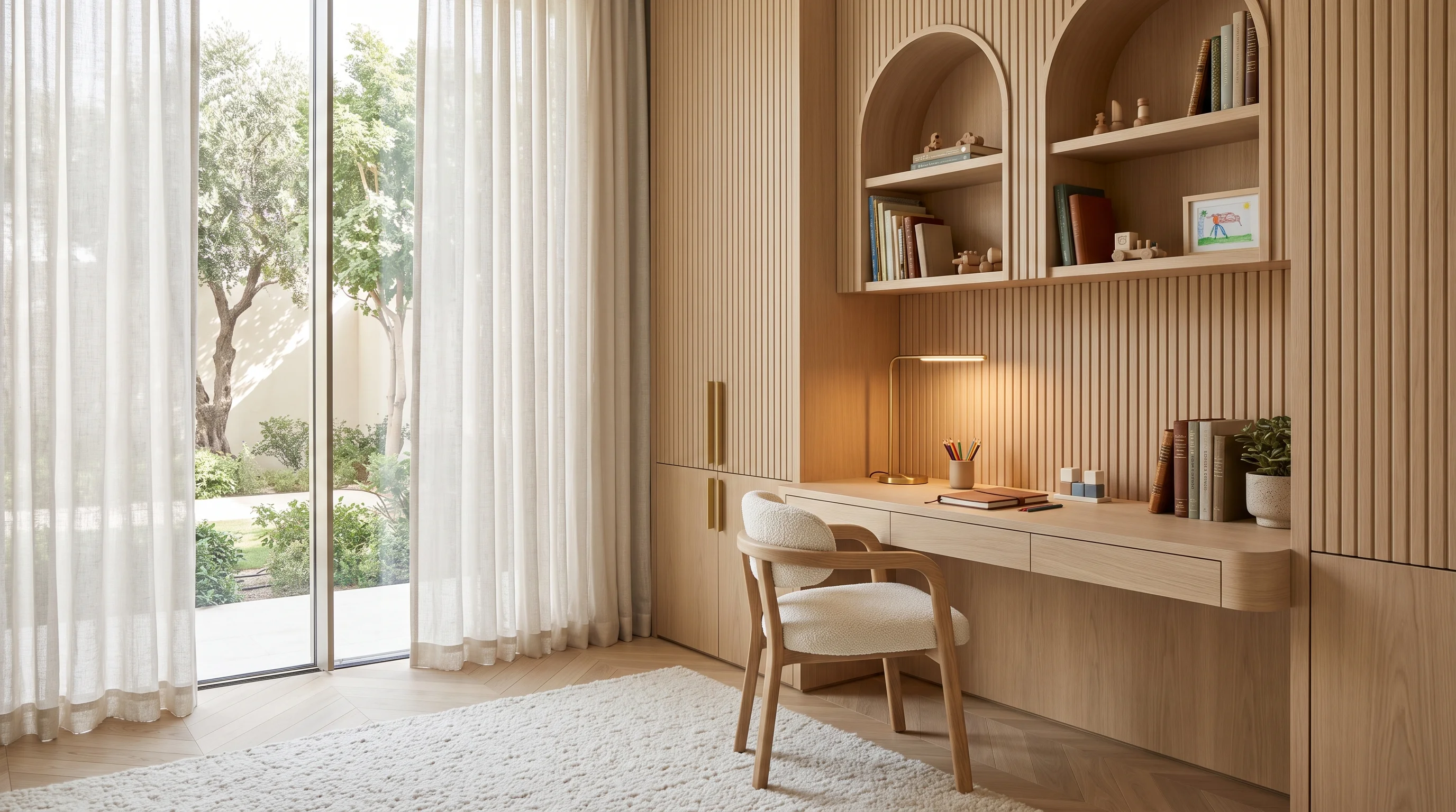 Luxury kids study corner interior architecture with bespoke oak desk in Doha