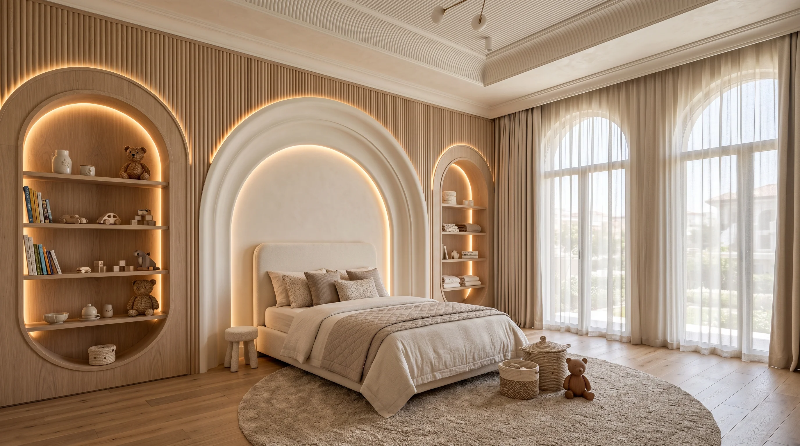 Luxury architectural wall features and acoustic fluted timber in Doha Qatar